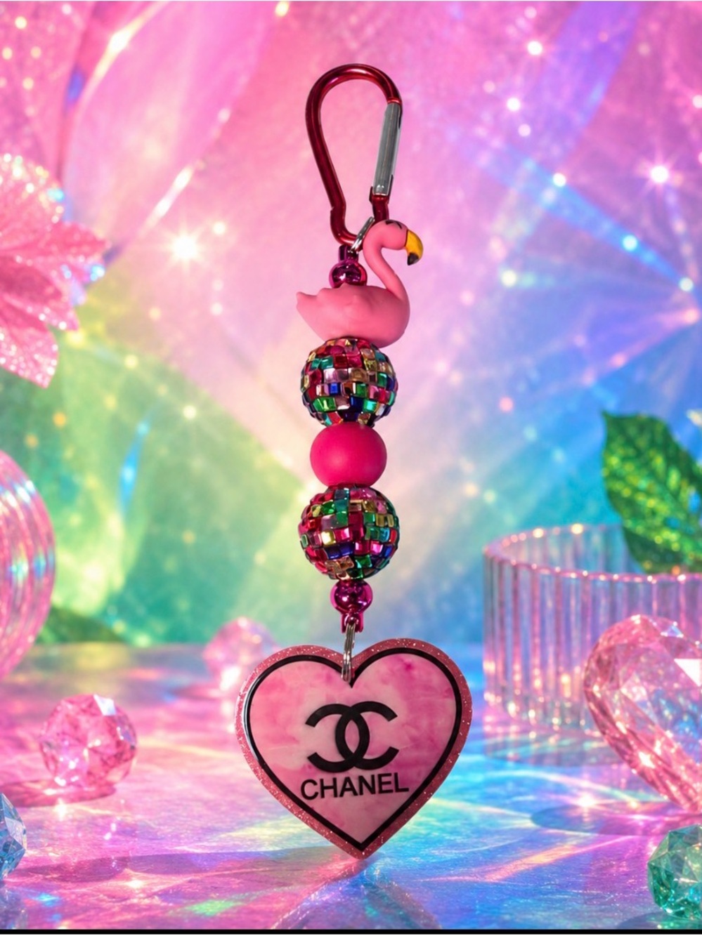 Handmade Inspired Pink Flamingo & Heart Keychain